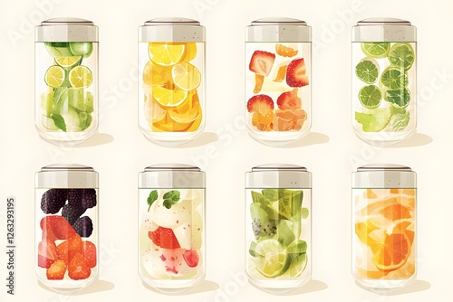 Refreshing Fruit Blends: Eight vibrant jars showcase an array of fresh fruits, ready to be blended into delicious and healthy smoothies. photo