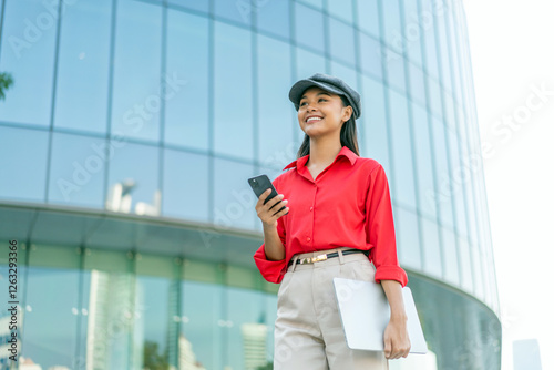 Young Asian Woman Holding Laptop and Phone Outside Office Building