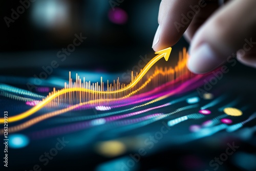 Hand Touching Yellow Arrow Pointing Up on Stock Market Graph with Dotted Background