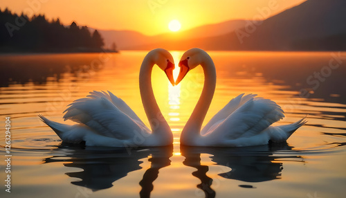 Fototapeta Naklejka Na Ścianę i Meble -  Romantic Swans Forming a Heart Shape on a Golden Sunset Lake – Love and Nature Concept