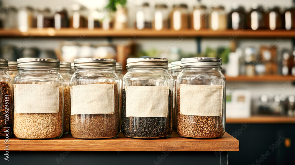 Glass jars with blank labels are neatly arranged on a wooden shelf, filled with an assortment of seeds and spices, showcasing a well-organized and visually appealing pantry Glass jars with blank labels are neatly arranged on a wooden shelf, filled with an assortment of seeds and spices, showcasing a well-organized and visually appealing pantry