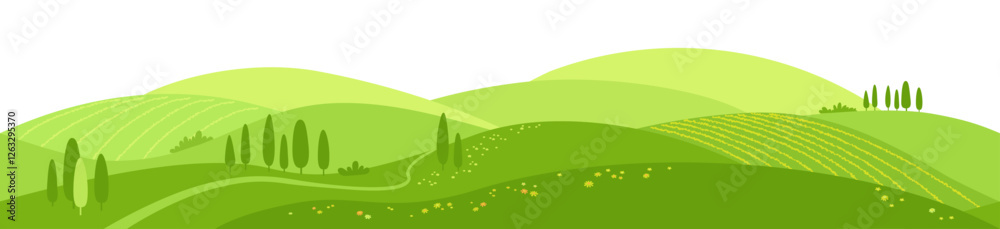 Obraz premium Spring landscape with smooth hills, flowers, trees and curved paths. Horizontal seamless pattern.