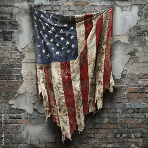 Tattered american flag hangs on a weathered brick wall