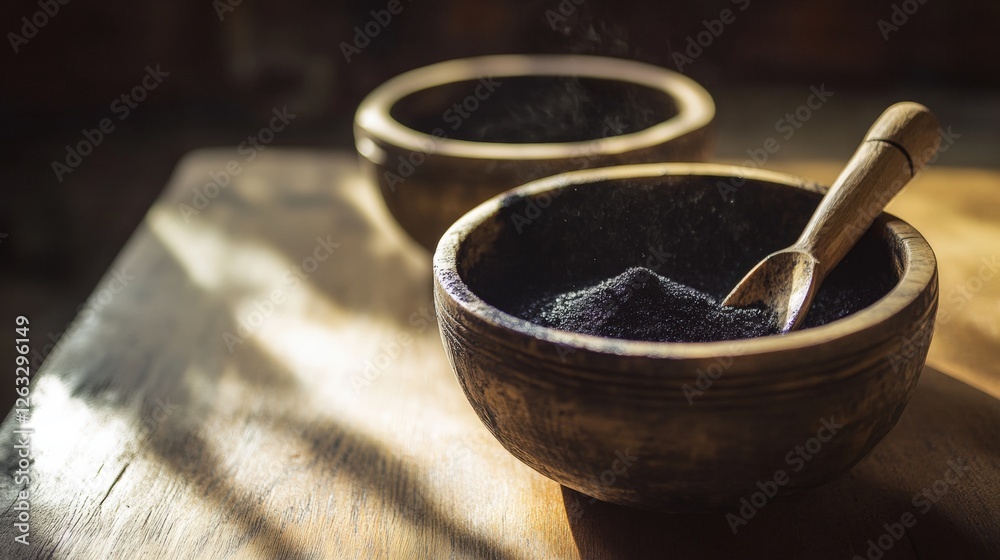 Bowl of black powder with wooden scoop on wooden table Bowl of black powder with wooden scoop on wooden table