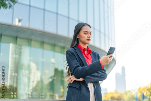Asian Businesswoman Using Phone Outside Office Building