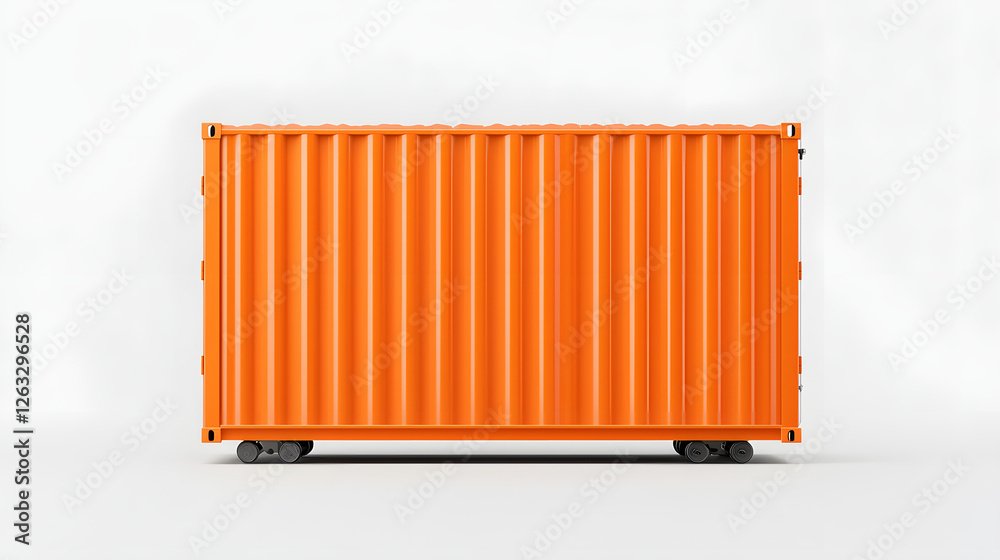 Orange shipping container on wheels, ideal for transport and storage solutions. This durable container is designed for efficient logistics and supply chain management