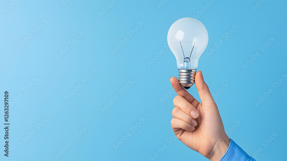 hand holding light bulb against blue background symbolizes innovation and ideas. This captures essence of creativity and inspiration in modern context