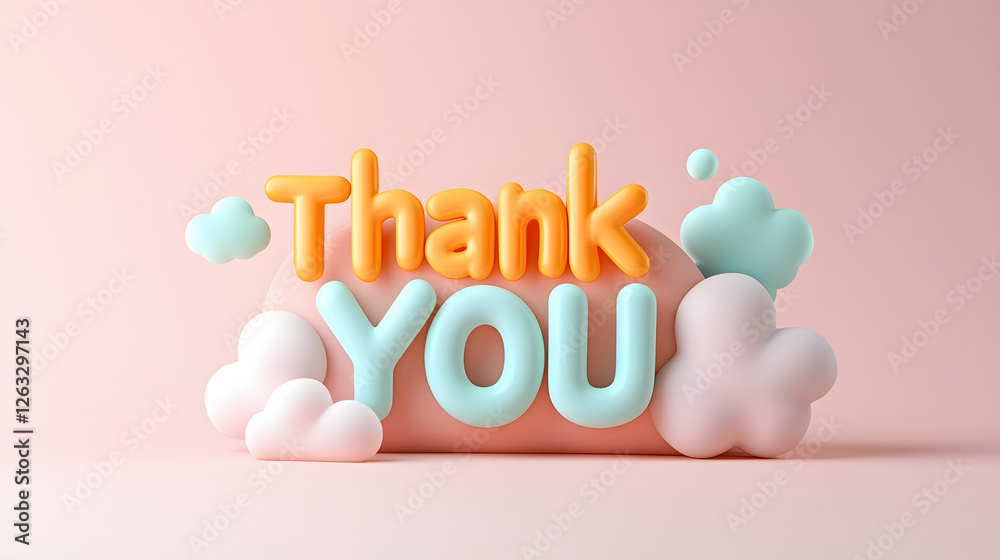 Thank you message in playful bubble letters with colorful clouds