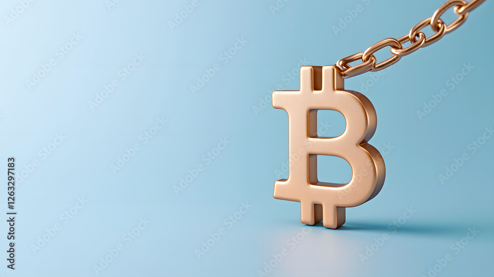 golden Bitcoin symbol hanging from chain against light blue background, representing connection between cryptocurrency and security