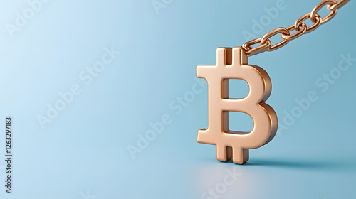 Obraz na płótnie golden Bitcoin symbol hanging from chain against light blue background, representing connection between cryptocurrency and security w salonie