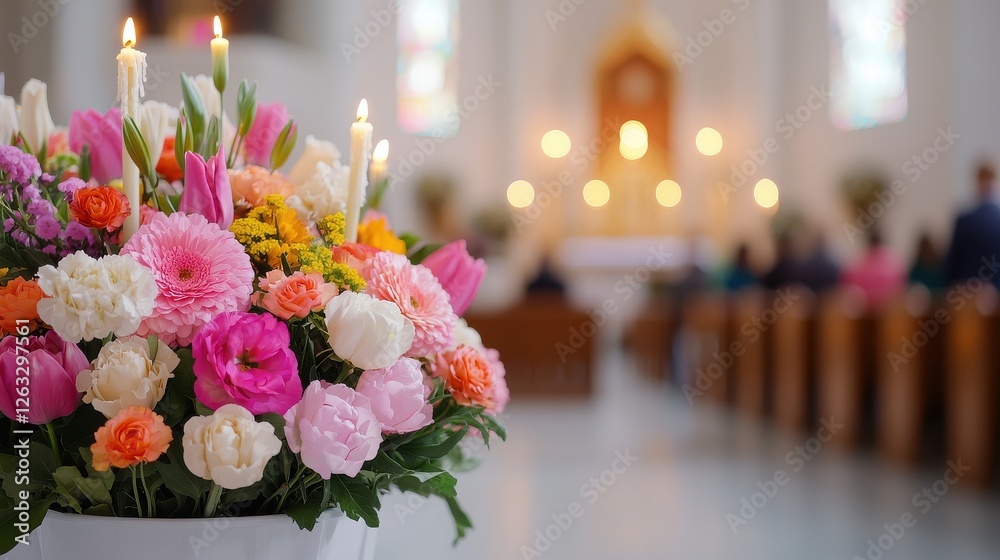 Obraz premium A vibrant bouquet of flowers in a serene setting, with candles flickering in the background, creating a peaceful atmosphere.