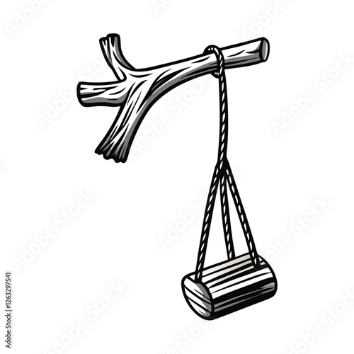 Create a detailed, editable vector illustration of a tree swing hanging from a sturdy branch, suitable for various design projects.  Include realistic rope and wooden seat details.