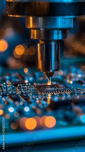 Automated machinery focuses on assembling a smartphone motherboard, showcasing fine details and precision work. The environment features a blend of technology and advanced manufacturing.