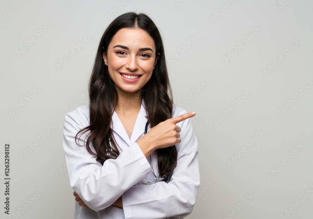 A smiling female doctor with long dark hair in a white coat pointing confidently to her side
