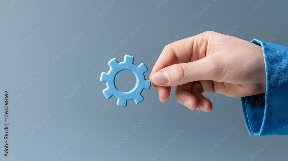 hand holding blue gear symbol against soft gray background, representing innovation and technology. This conveys concept of modernization in enterprise optimization