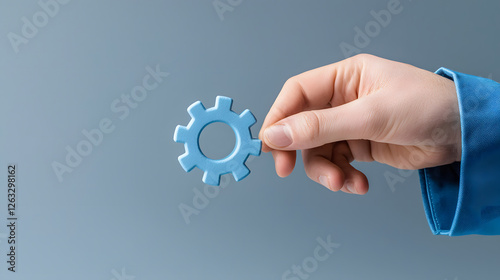 hand holding blue gear symbol against soft gray background, representing innovation and technology. This conveys concept of modernization in enterprise optimization