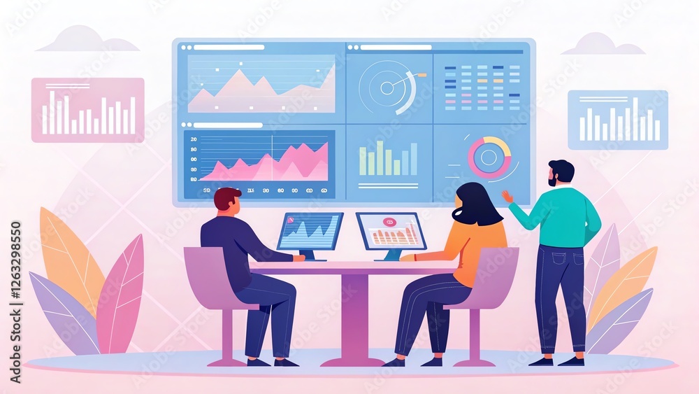 Team analyzing data on digital screens in modern workspace with graphs and charts. Team analyzing data on digital screens in modern workspace with graphs and charts.