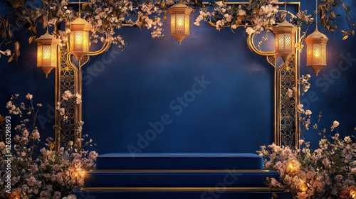 Elegant Blue Background with Golden Lanterns and Flowers Product Display