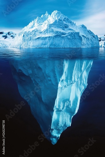 A mesmerizing image of an iceberg showcasing its massive hidden underside submerged in the ocean, representing the concept of unseen depths and hidden truths in a natural and symbolic context.