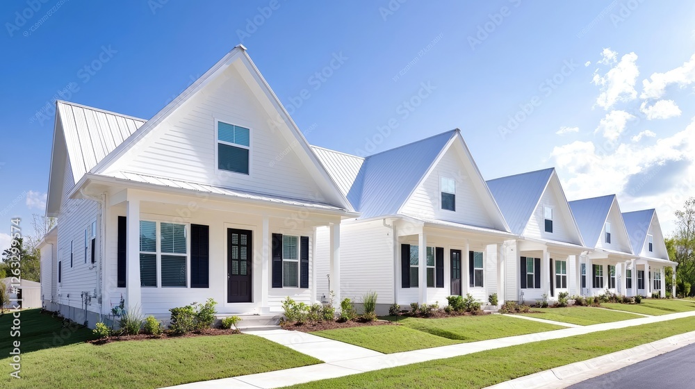 Row of white houses, sunny day, green lawn, residential development, real estate Row of white houses, sunny day, green lawn, residential development, real estate