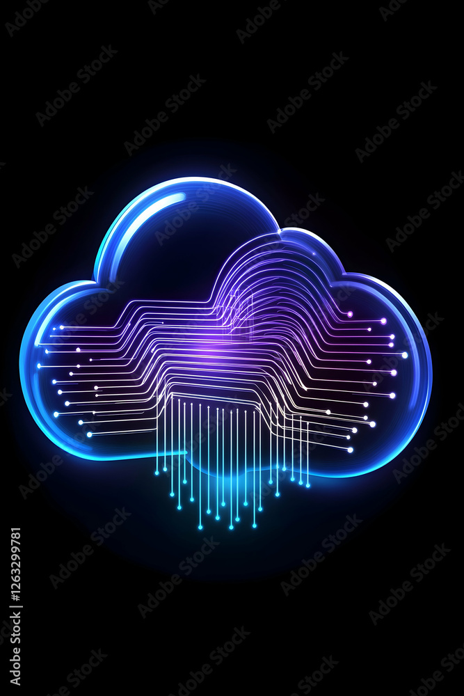 Cloud computing abstract design with circuit board elements on a black background. Generative AI Cloud computing abstract design with circuit board elements on a black background. Generative AI