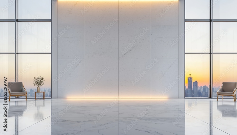 Fototapeta premium Elegant office reception area with soft-focus effect, large windows showcasing city skyline, polished floors reflecting ambient light, luxurious corporate setting