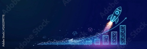 High-tech digital growth chart with a launching rocket on a blue background. financial growth, startup success, stock market performance, and business expansion.