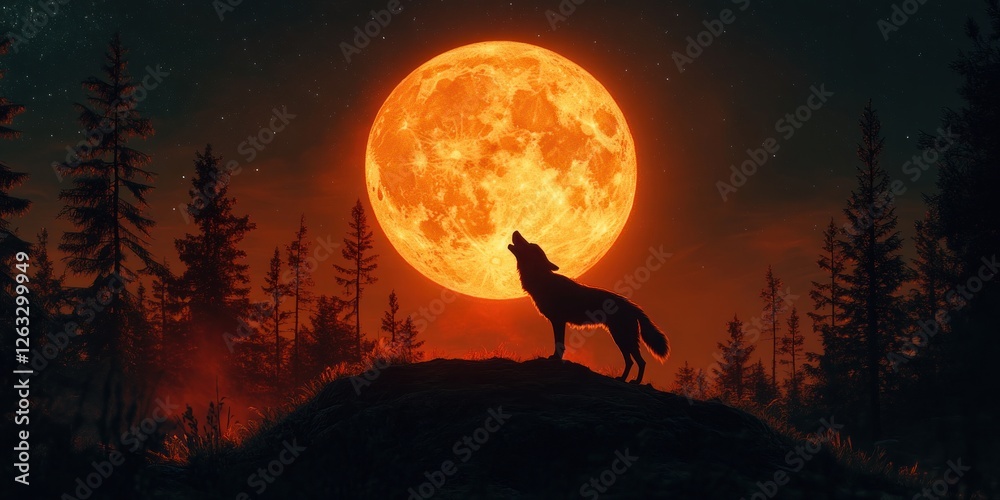 Fototapeta premium Howling at the Blood Moon: A Wolf's Nocturnal Serenade
