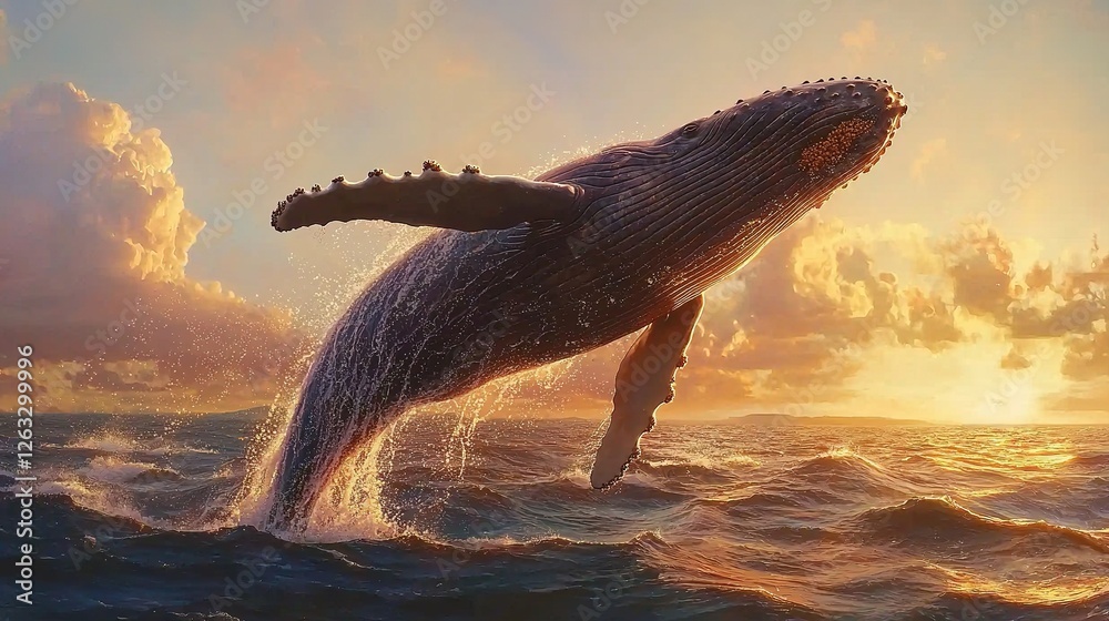 Fototapeta premium Humpback whale breaching in the ocean at sunset nature photography vibrant seascape closeup view