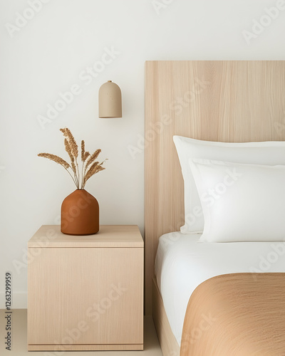 Cozy bedroom interior with natural light. Vase with dry flowers on bedside table. Generative AI