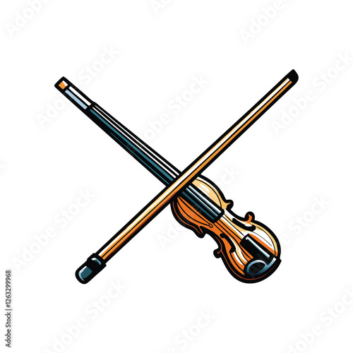 Create a high-resolution, editable stroke vector graphic of a violin bow elegantly crossing the frame.  Include fine details of the wood and horsehair.