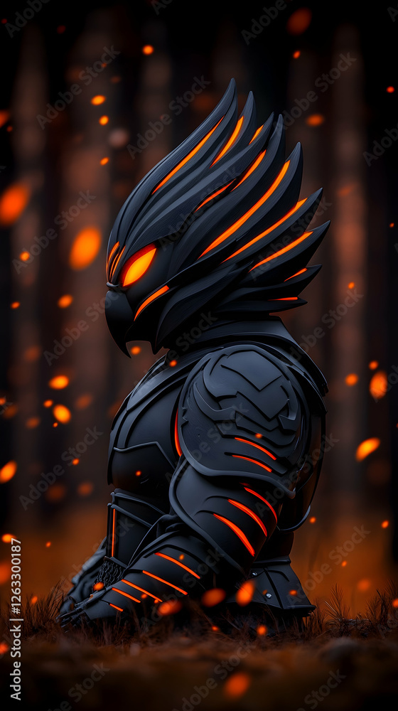 Eagle warrior stands in burning forest. Symbolic strength, power, nature concept. Generative AI