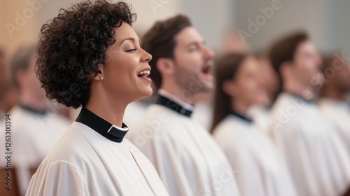 A choir performs in harmony, showcasing a diverse group of singers dressed in white robes, conveying emotion through their music. photo