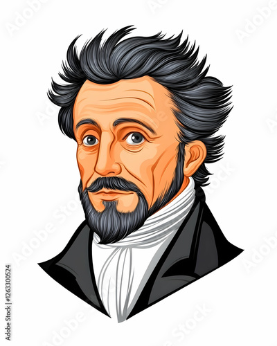 Focused man with beard, wears scarf, jacket and is isolated for historical use. Generative AI