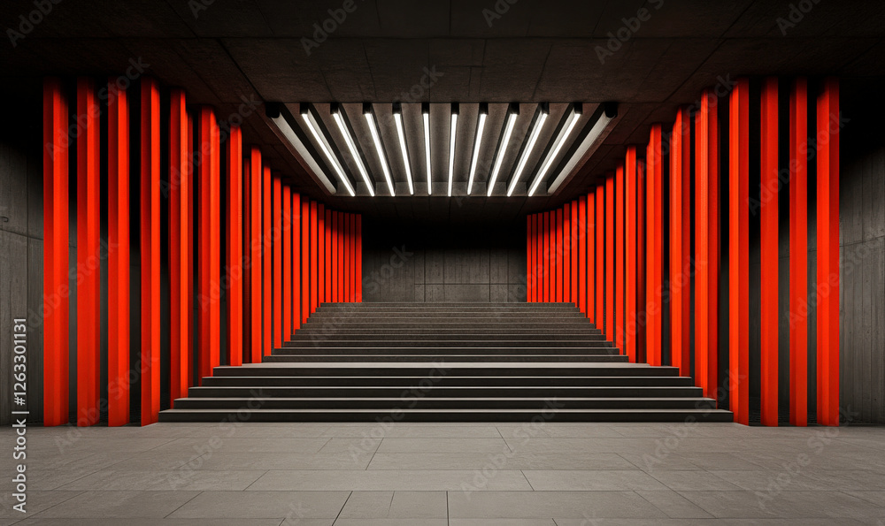 Fototapeta premium Dramatic Underground Passageway with Bold Red Pillars and Linear Ceiling Lights Creating a Striking Modern Architectural Aesthetic