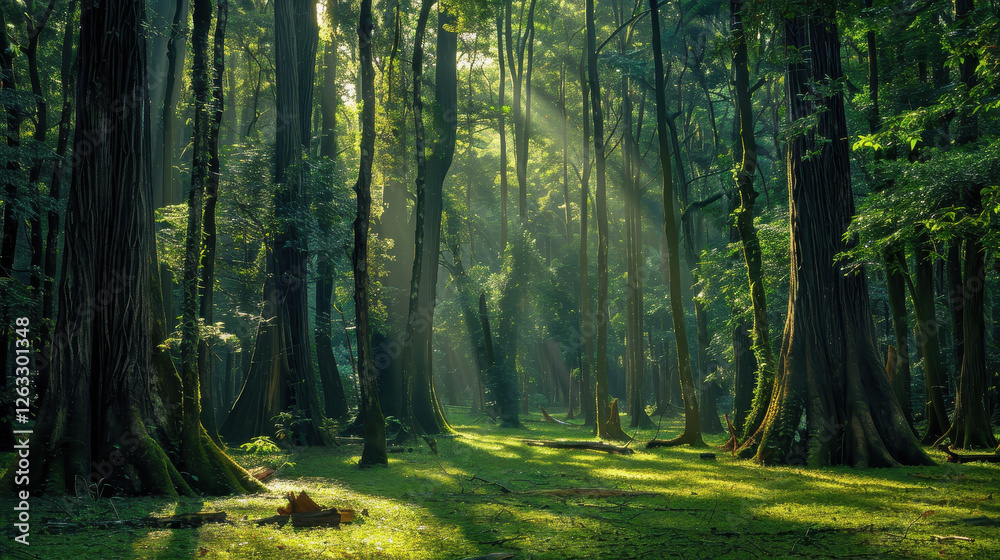 Fototapeta premium serene ancient forest with towering trees and sunlight filtering through