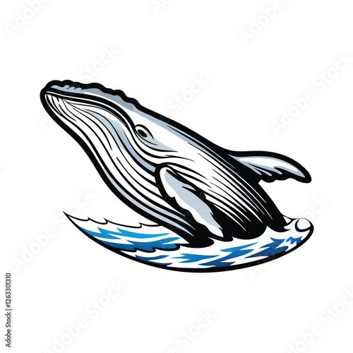 Create a high-resolution editable stroke vector graphic of a whale breaching the water, showcasing detailed anatomy and dynamic splashing water.