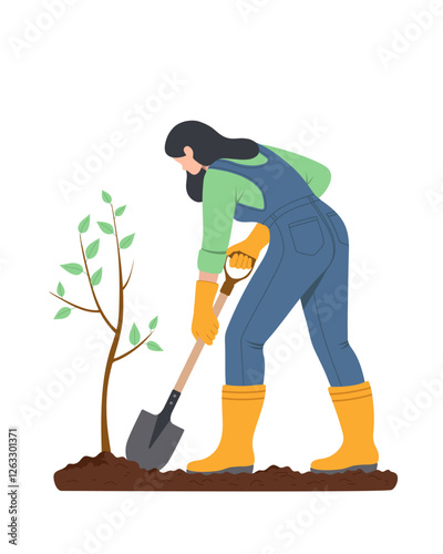 Woman planting a tree. Spring work in the garden. Vector color illustration.