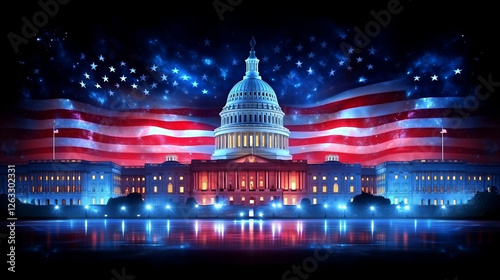 Waving Flag Backdrop in Front of the Capitol Building at Night With Vibrant Colors and Light Effects