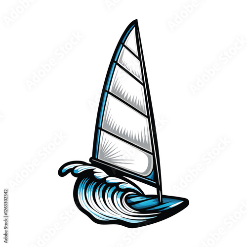 Create a clean, editable stroke vector illustration of a windsurf board on the water, showcasing dynamic lines and realistic detail.