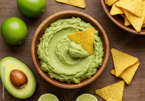 A wooden bowl filled with creamy guacamole, with a single golden tortilla chip partially dipped into it