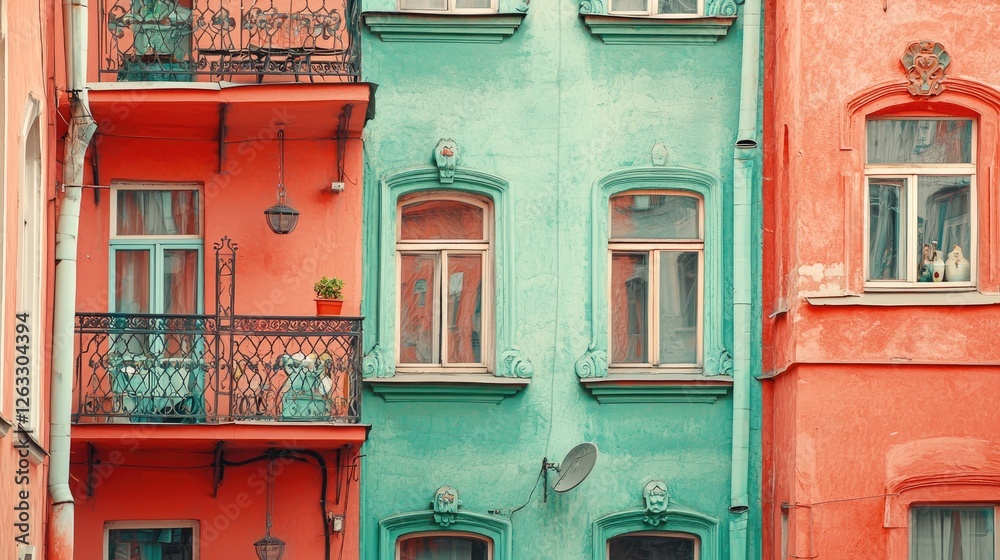 Obraz premium Colorful buildings, city street, architectural detail, pastel facade, urban scene, travel photography