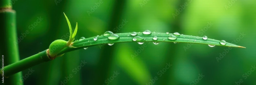 Water drops cling tightly to a wet bamboo leaf stem after rain, bamboo, leaf, rain Water drops cling tightly to a wet bamboo leaf stem after rain, bamboo, leaf, rain