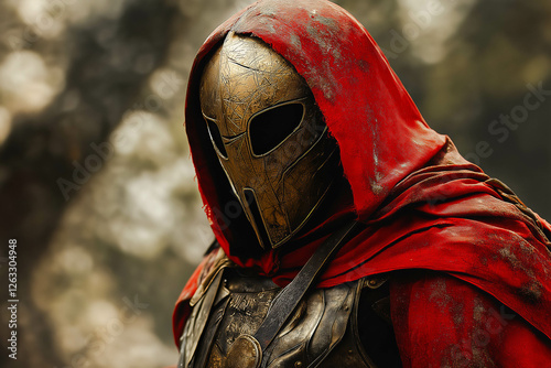 Warrior wearing iron helmet and red cloak. Knight ready for a fight.