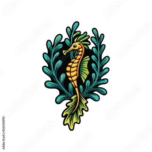 Create a detailed close-up vector illustration of a leafy seadragon, emphasizing intricate details of its leaf-like appendages and vibrant colors.