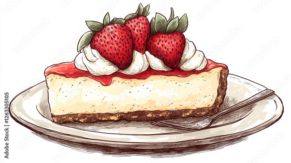 A charming hand-drawn illustration of a slice of cheesecake topped with strawberries and whipped cream, served on a simple dessert plate. A charming hand-drawn illustration of a slice of cheesecake topped with strawberries and whipped cream, served on a simple dessert plate.
