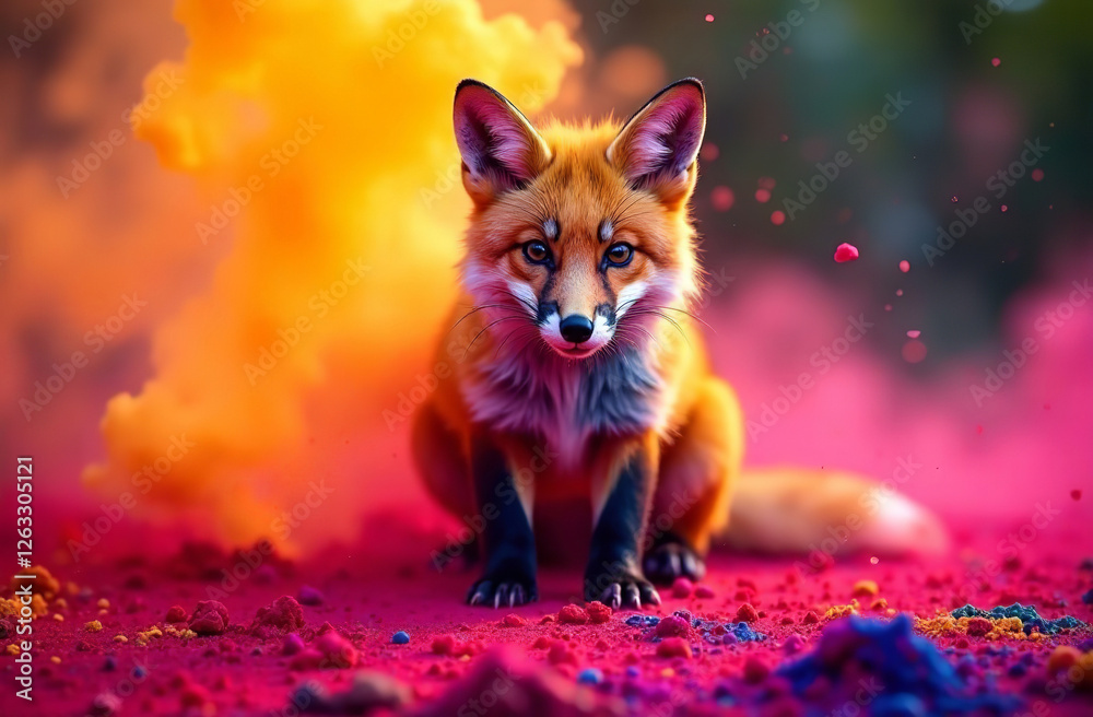 Fototapeta premium Animal fox sprayed colorful colors holi, Indian spring festival. AI Generative