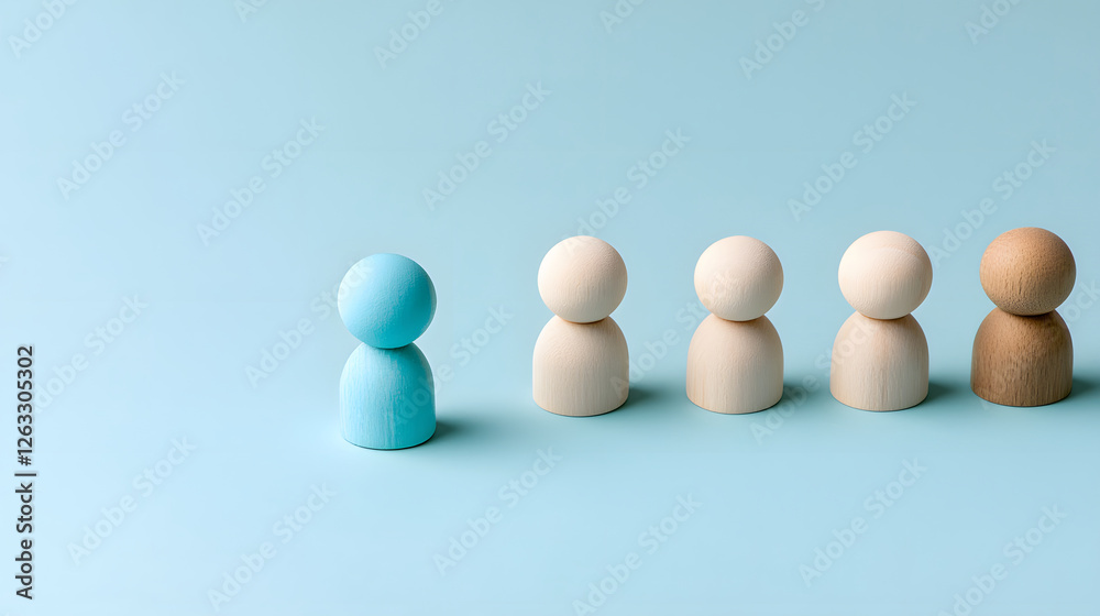 Unique blue wooden figure leading line of neutral colored figures on light blue background, symbolizing leadership and individuality