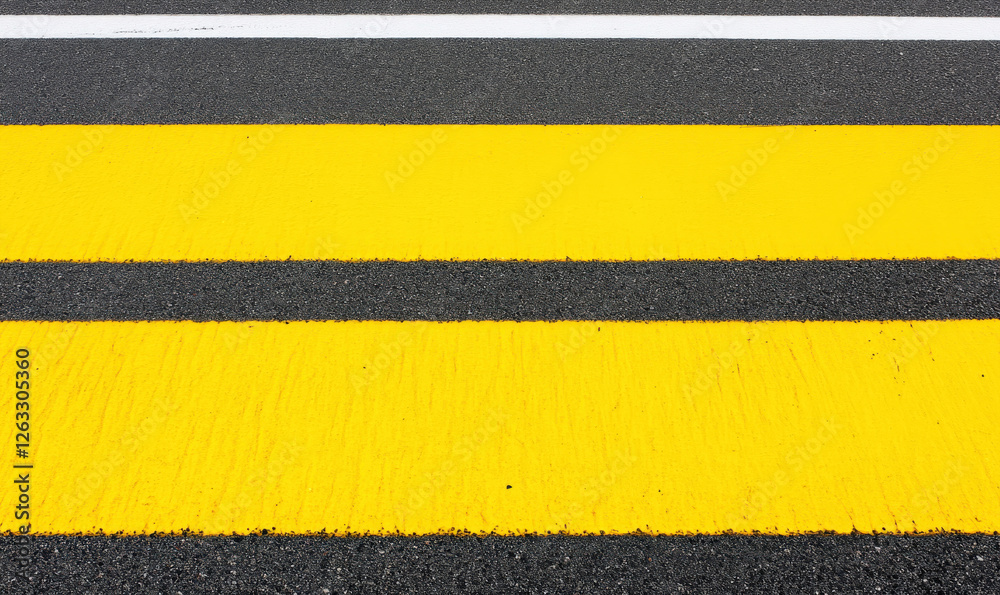 Fototapeta premium Close-Up View of Yellow Pedestrian Crosswalk Lines on a Black Asphalt Road with White Stripe in Urban Environment at Daytime