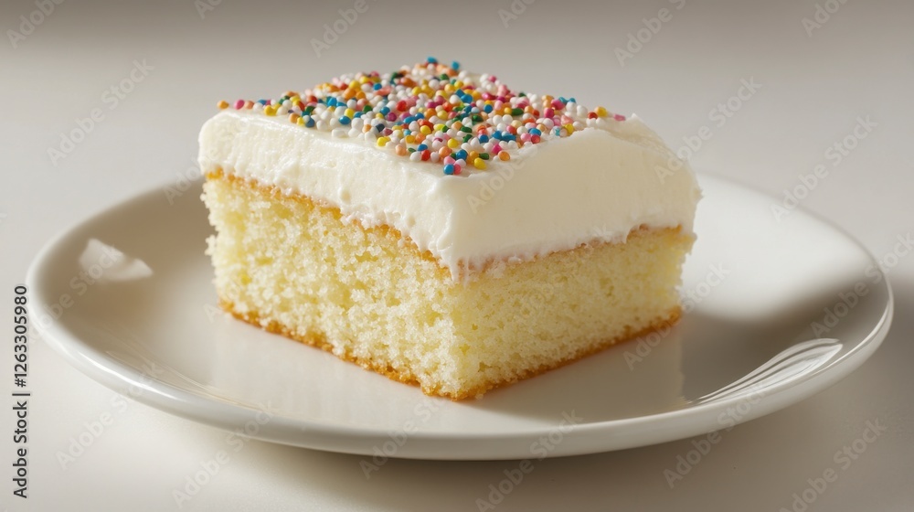 A close-up of a delicate vanilla cake with a smooth buttercream frosting and colorful sprinkles, displayed on a white porcelain plate.